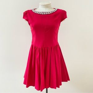 Gracia Red Mini Dress Jeweled Neckline Pleated Size L